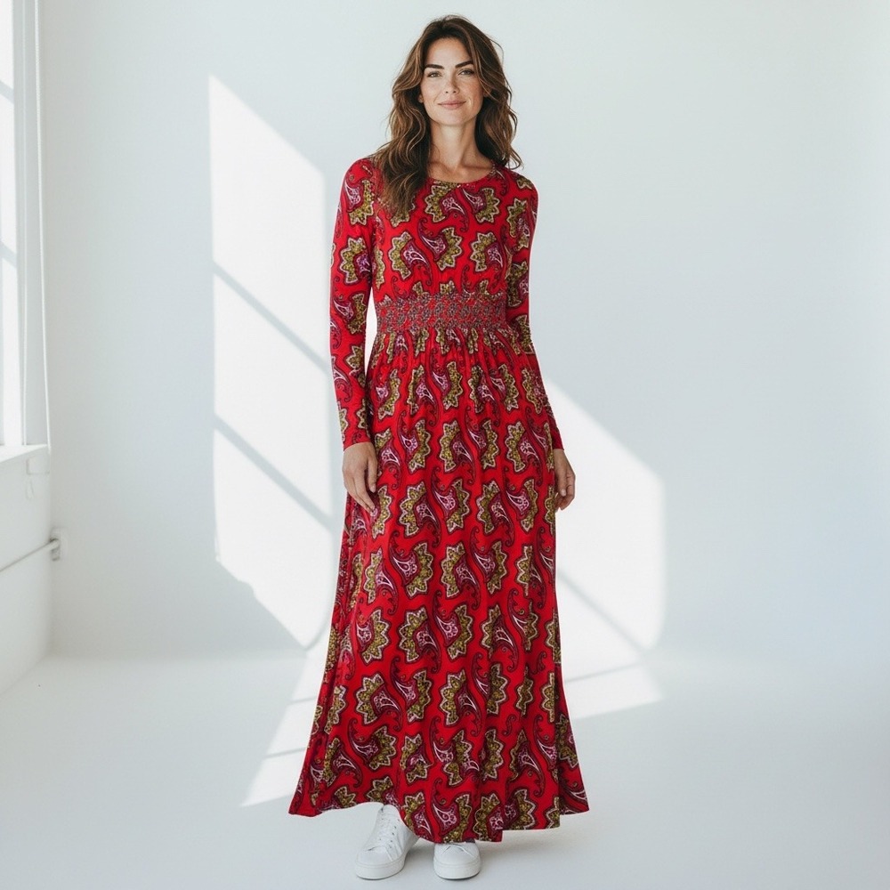 Boden Red Paisley Empire Waist Long Sleeve Midi Dress Womens US 12P D0836